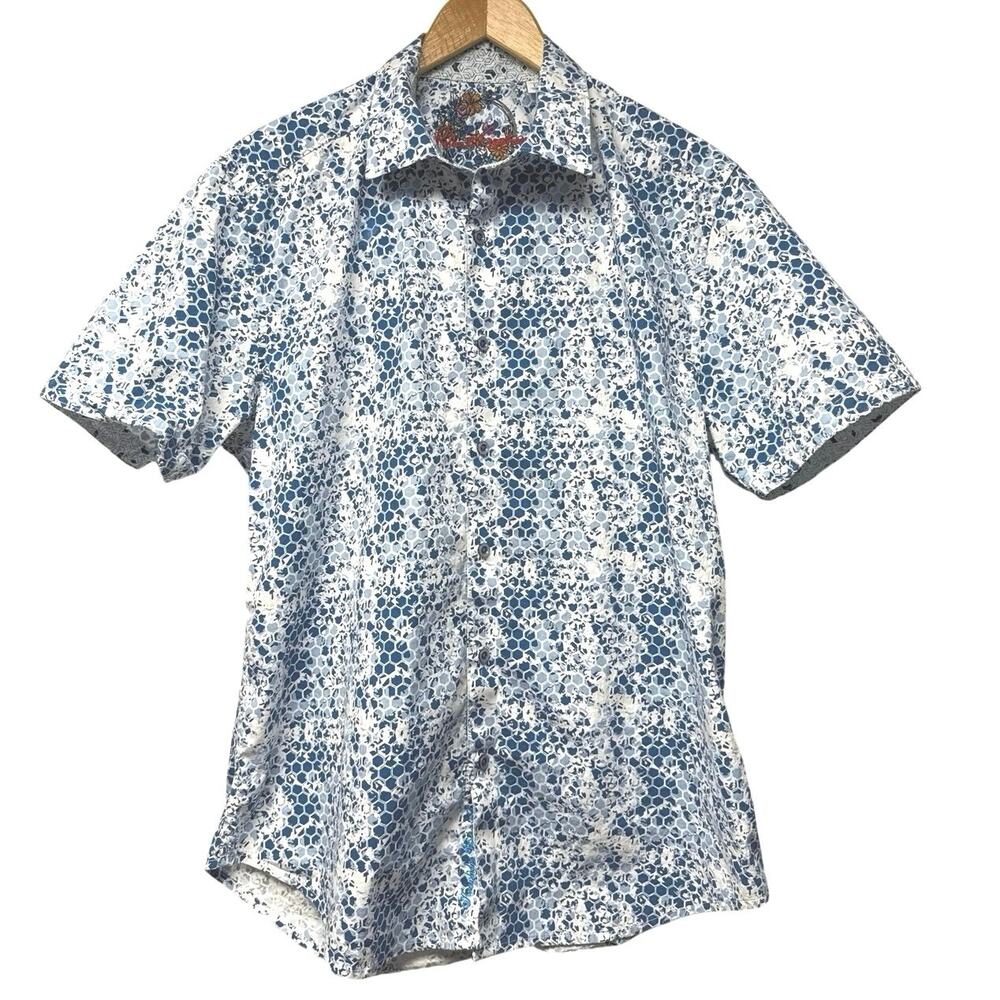 Robert Graham Large Shirt Blue White Geo Print Floral Short Sleeve Button Up